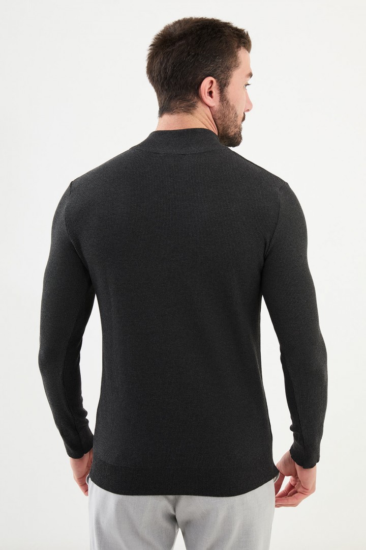 Anthracite Color Striped And Zippered Design Casual Men's Knit Sweater