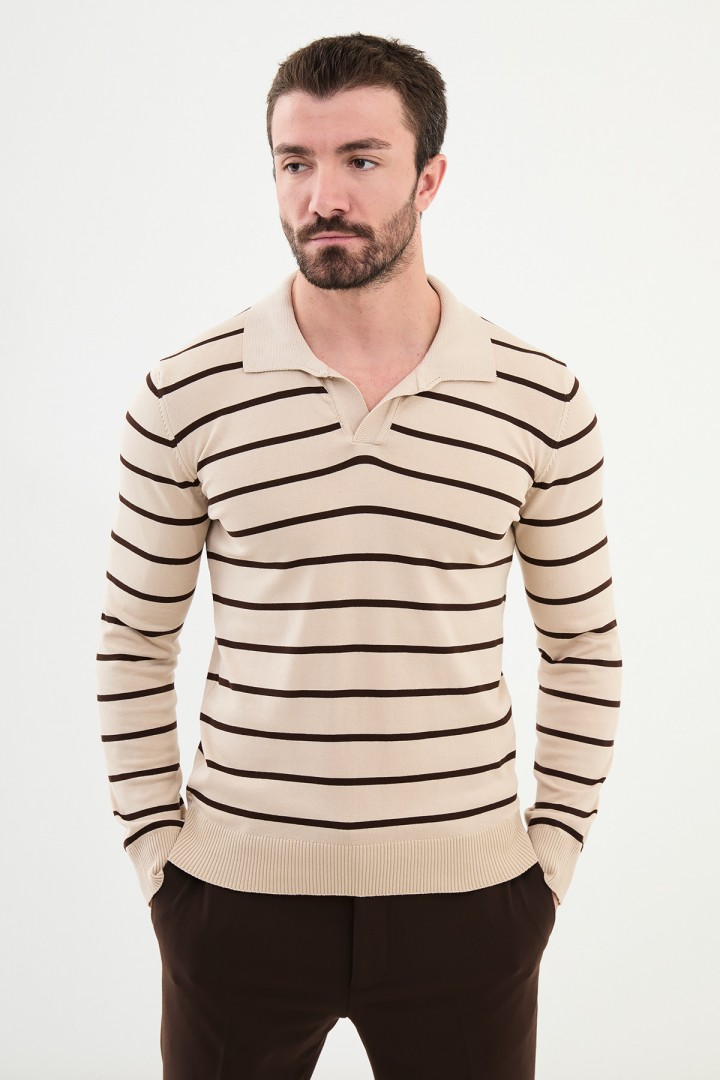 Beige Color Striped And Shirt Collar Design Classic Men's Knitwear