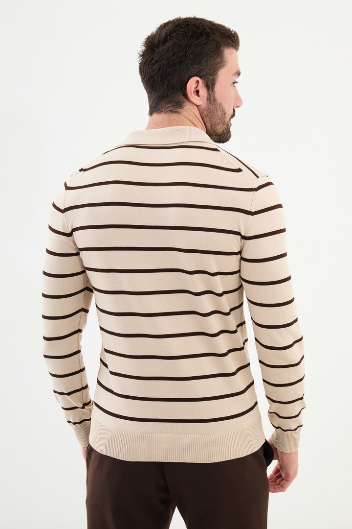 Beige Color Striped And Shirt Collar Design Classic Men's Knitwear
