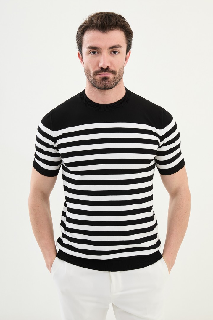 Black Color Striped Casual Men's Knit T Shirt