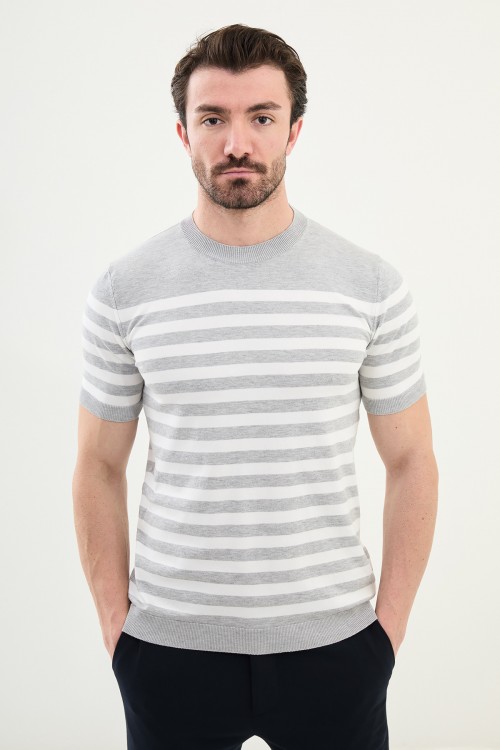 Grey Color Striped Casual Men's Knit T Shirt