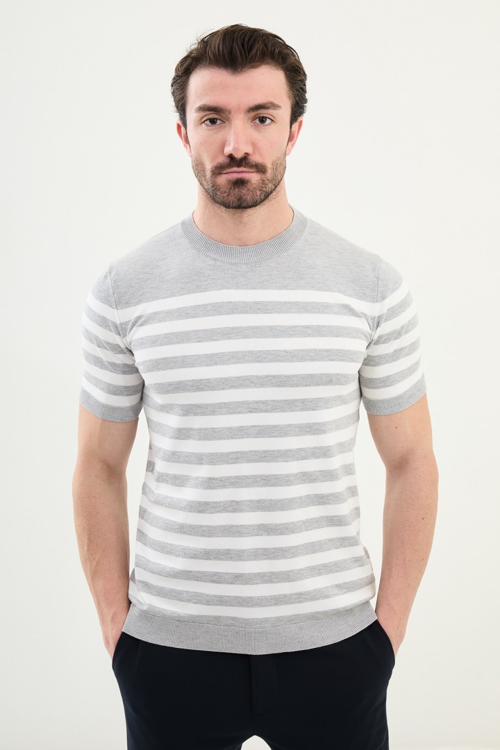 Grey Color Striped Casual Men's Knit T Shirt