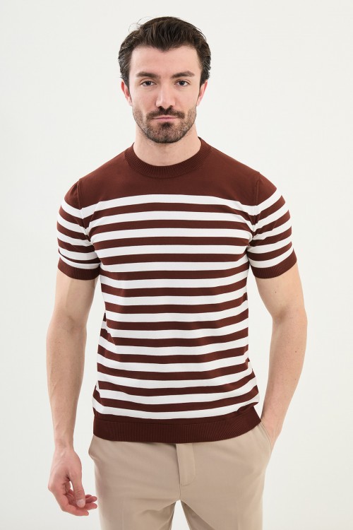 Tile Color Striped Casual Men's Knit T Shirt