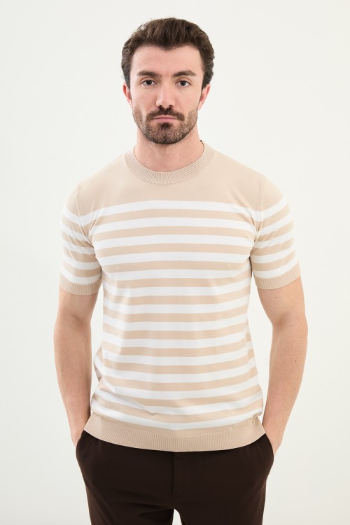 Beige Color Striped Casual Men's Knit T Shirt