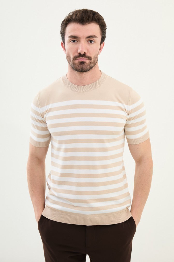 Beige Color Striped Casual Men's Knit T Shirt