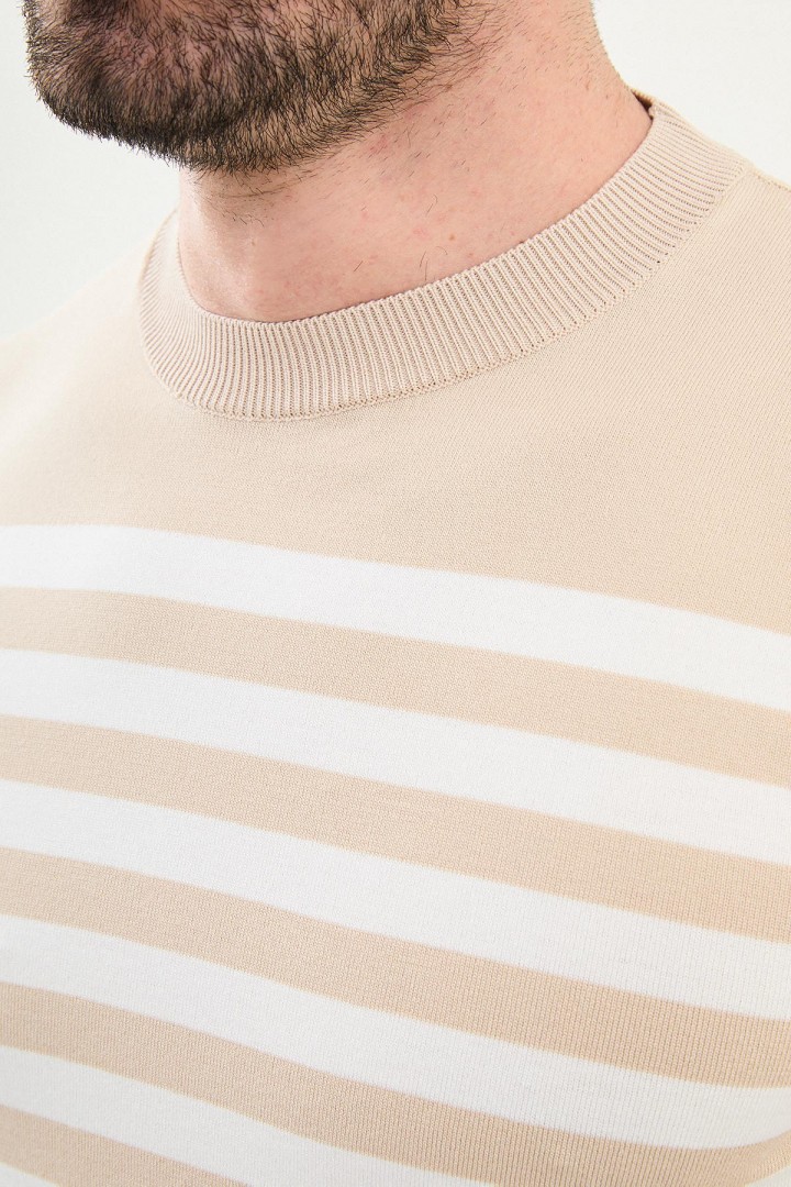 Beige Color Striped Casual Men's Knit T Shirt
