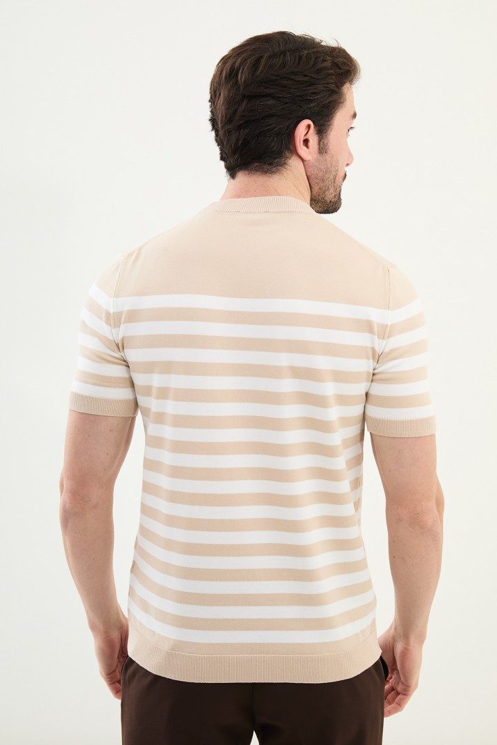 Beige Color Striped Casual Men's Knit T Shirt