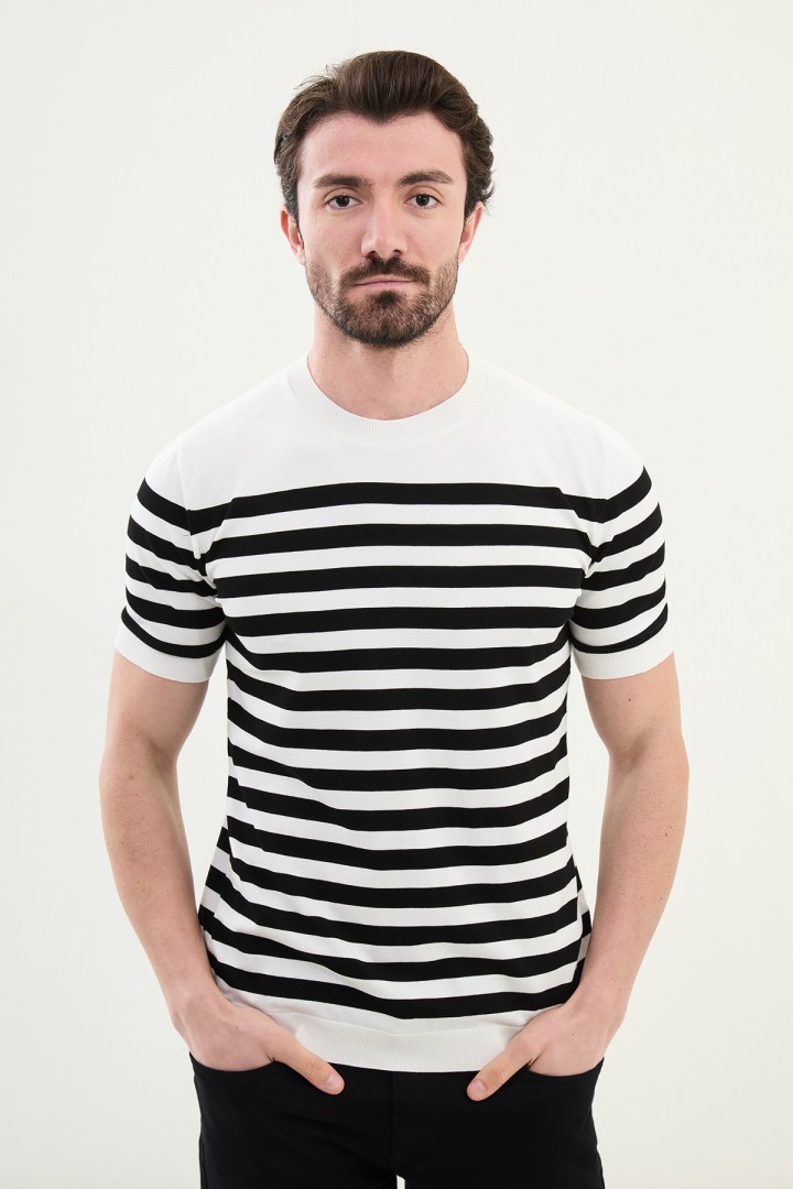 Ecru Color Crew Neck Casual Men's Knit Tshirt