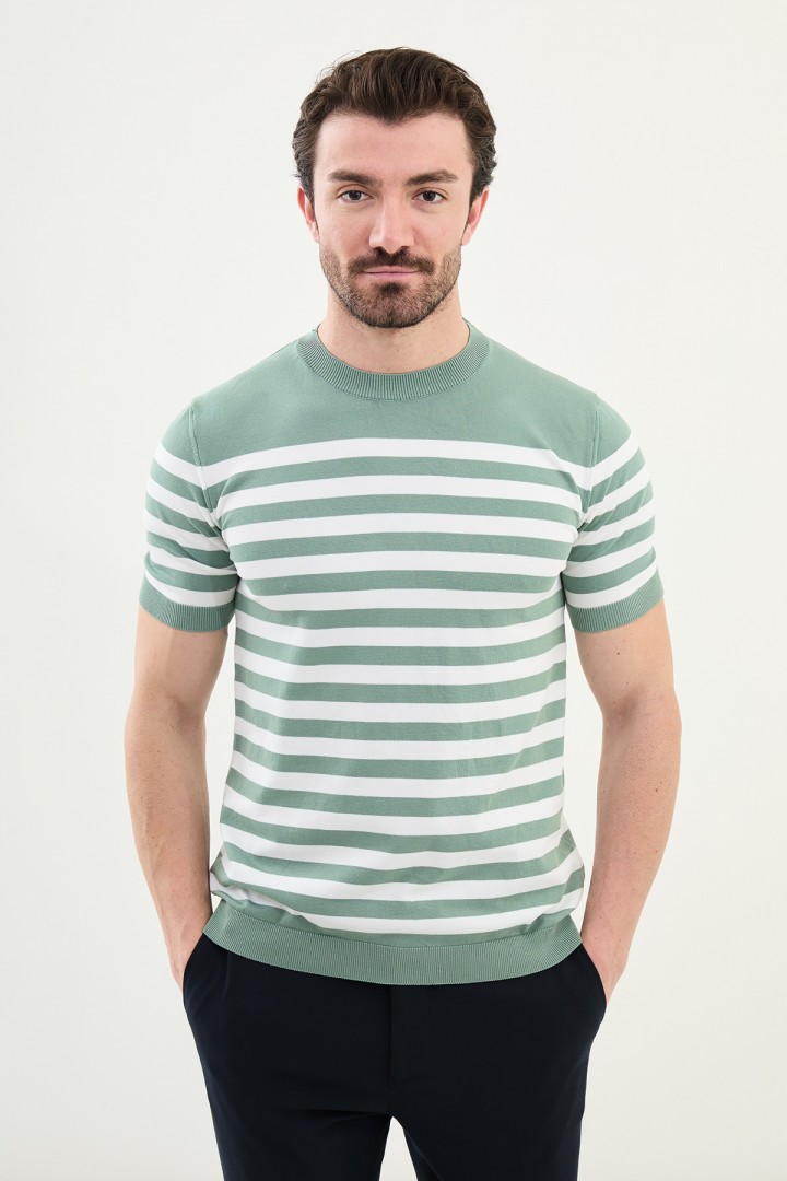 Unripe Almond Color Striped Casual Men's Knit T Shirt