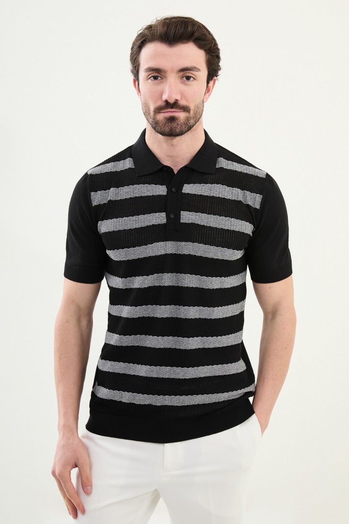 Black Color Striped Design Casual Men's Knit Tshirt
