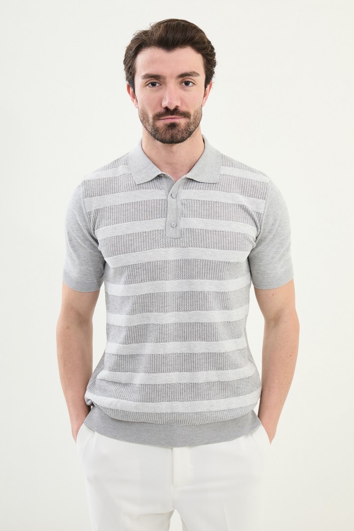 Grey Color Striped Design Casual Men's Knit Tshirt