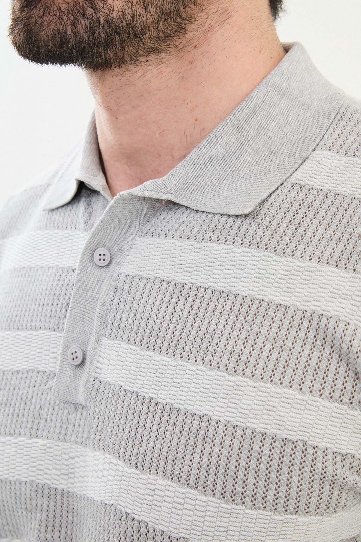 Grey Color Striped Design Casual Men's Knit Tshirt