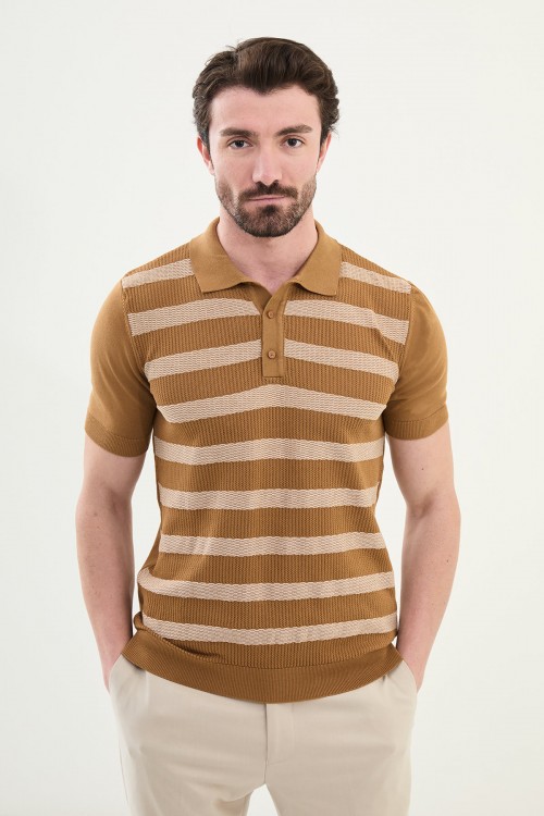 Camel Color Striped Design Casual Men's Knit Tshirt
