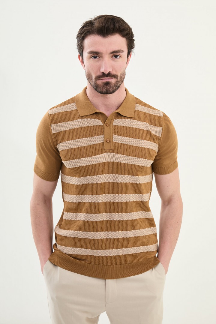 Camel Color Striped Design Casual Men's Knit Tshirt