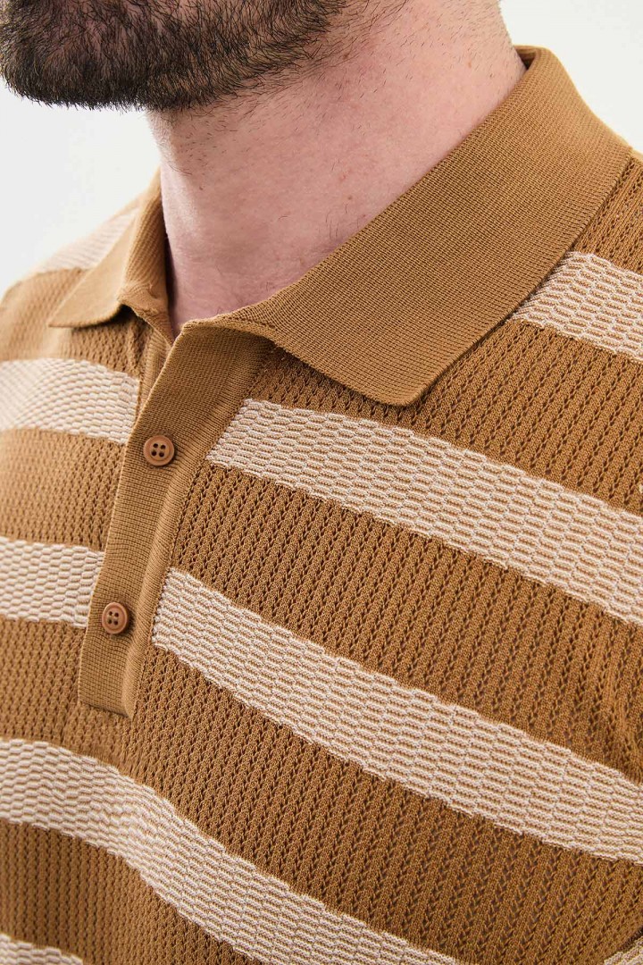 Camel Color Striped Design Casual Men's Knit Tshirt
