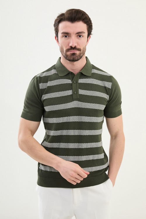 Khaki Color Striped Design Casual Men's Knit Tshirt