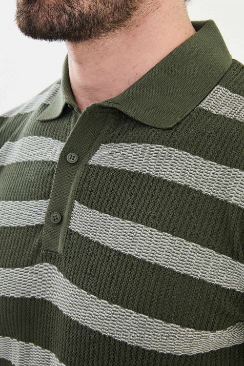 Khaki Color Striped Design Casual Men's Knit Tshirt