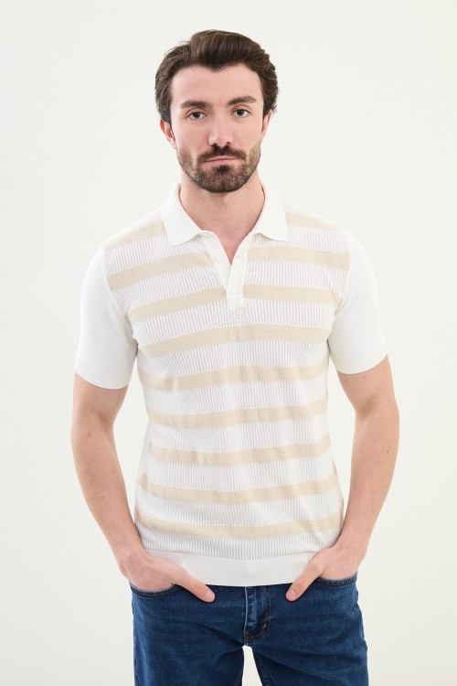 Ecru Color Striped Design Casual Men's Knit Tshirt
