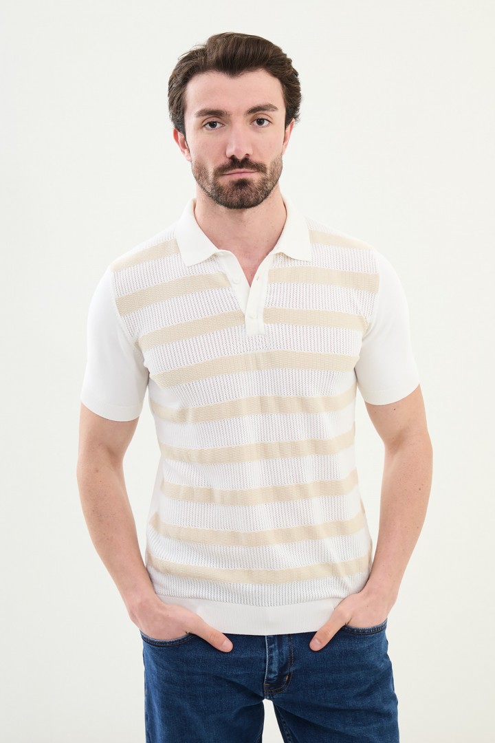 Ecru Color Striped Design Casual Men's Knit Tshirt