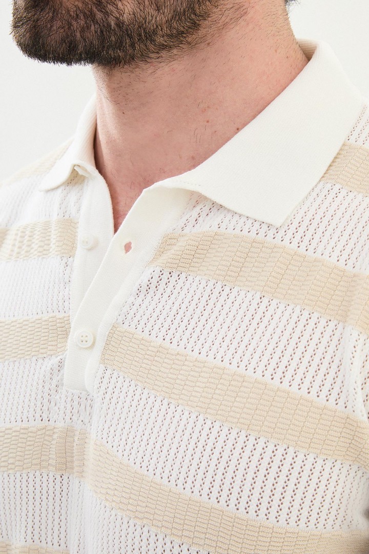 Ecru Color Striped Design Casual Men's Knit Tshirt