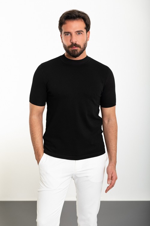 Plain Black Slim Fit Half Turtleneck Men's Knitwear T-Shirt