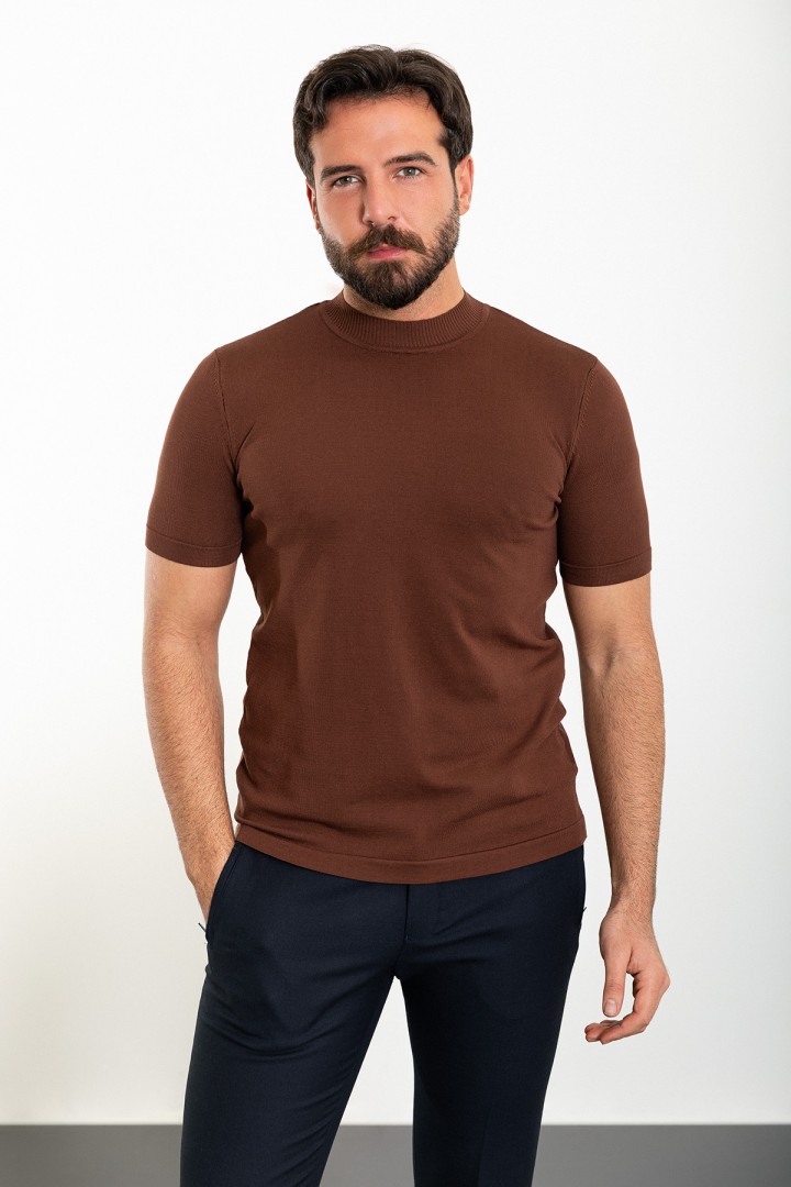 Plain Brown Slim Fit Half Turtleneck Men's Knitwear T-Shirt