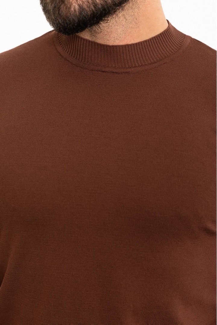 Plain Brown Slim Fit Half Turtleneck Men's Knitwear T-Shirt