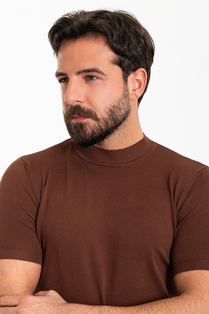 Plain Brown Slim Fit Half Turtleneck Men's Knitwear T-Shirt