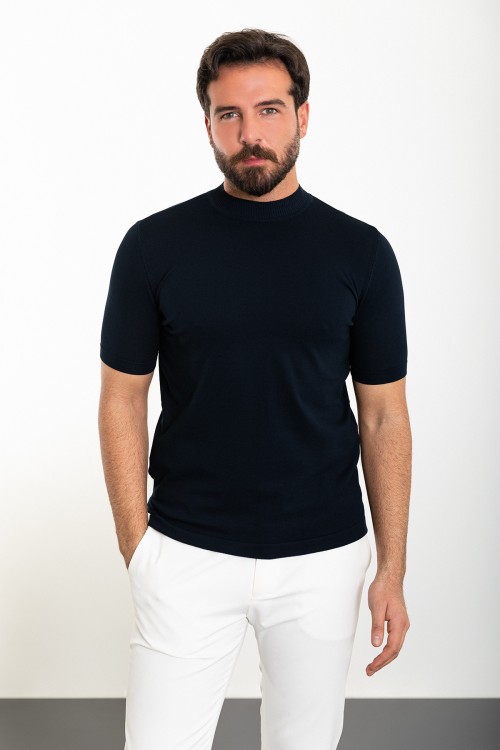 Plain Dark Blue Slim Fit Half Turtleneck Men's Knitwear T-Shirt