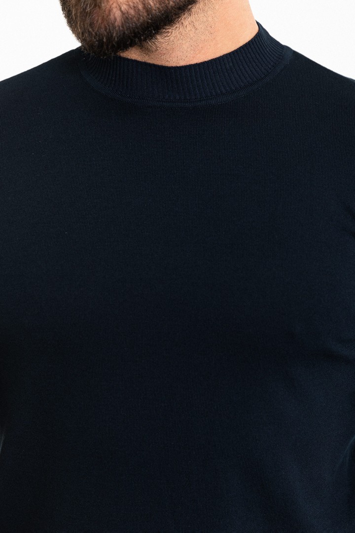 Plain Dark Blue Slim Fit Half Turtleneck Men's Knitwear T-Shirt