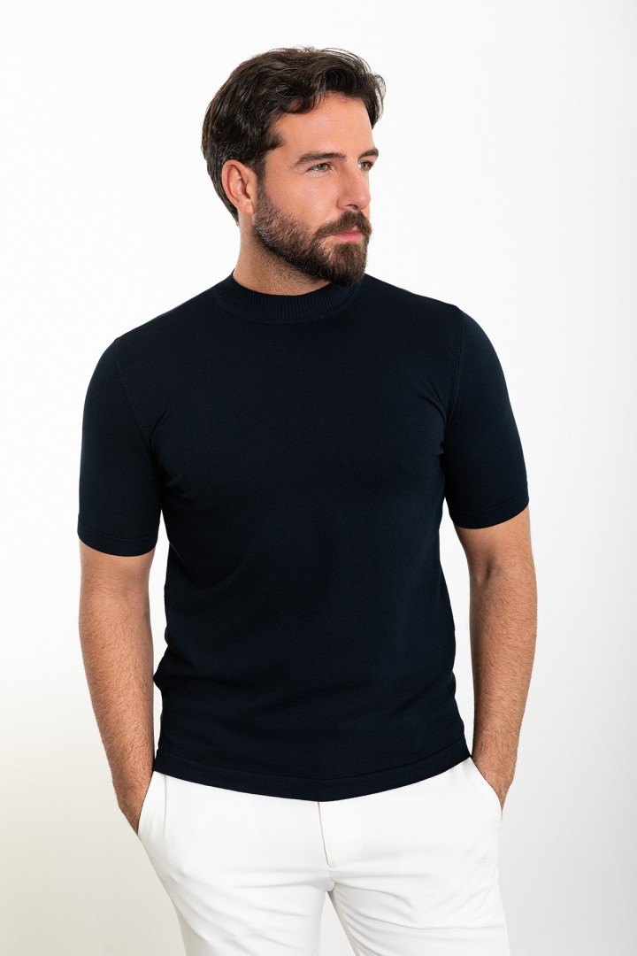 Plain Dark Blue Slim Fit Half Turtleneck Men's Knitwear T-Shirt