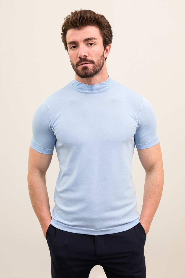Plain Blue Slim Fit Half Turtleneck Men's Knitwear T-Shirt