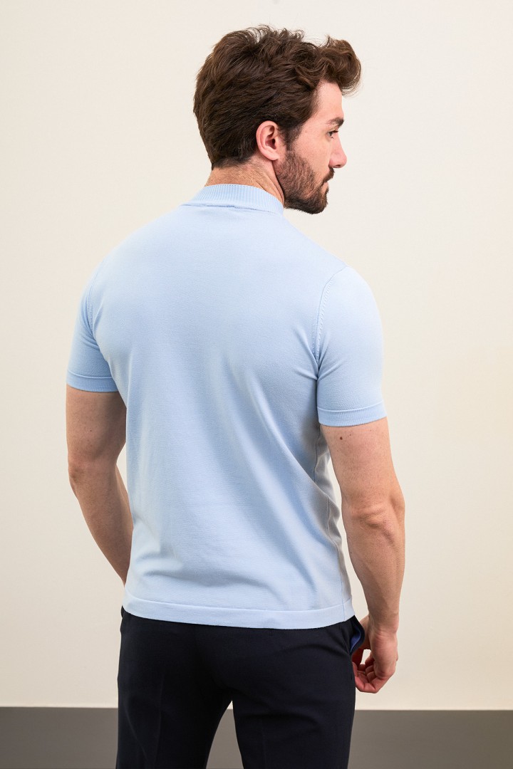 Plain Blue Slim Fit Half Turtleneck Men's Knitwear T-Shirt