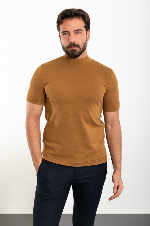 Plain Camel Slim Fit Half Turtleneck Men's Knitwear T-Shirt