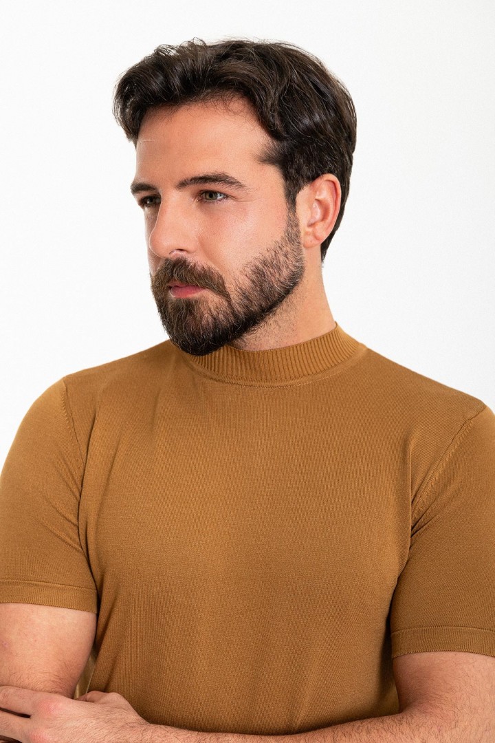 Plain Camel Slim Fit Half Turtleneck Men's Knitwear T-Shirt