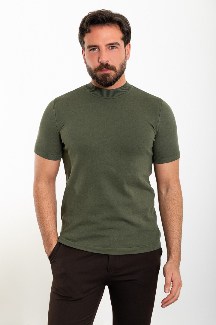 Plain Khaki Slim Fit Half Turtleneck Men's Knitwear T-Shirt