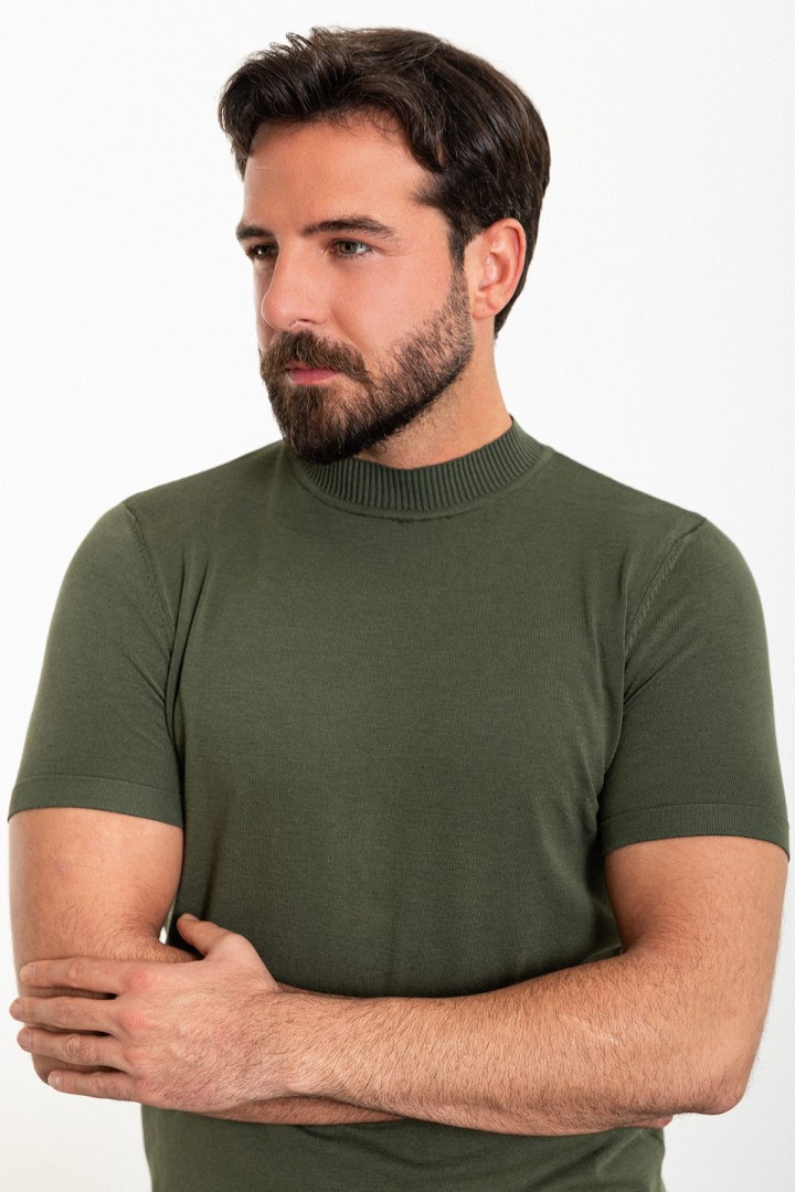 Plain Khaki Slim Fit Half Turtleneck Men's Knitwear T-Shirt