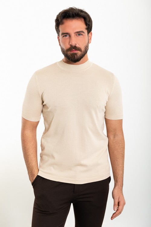 Plain Beige Slim Fit Half Turtleneck Men's Knitwear T-Shirt
