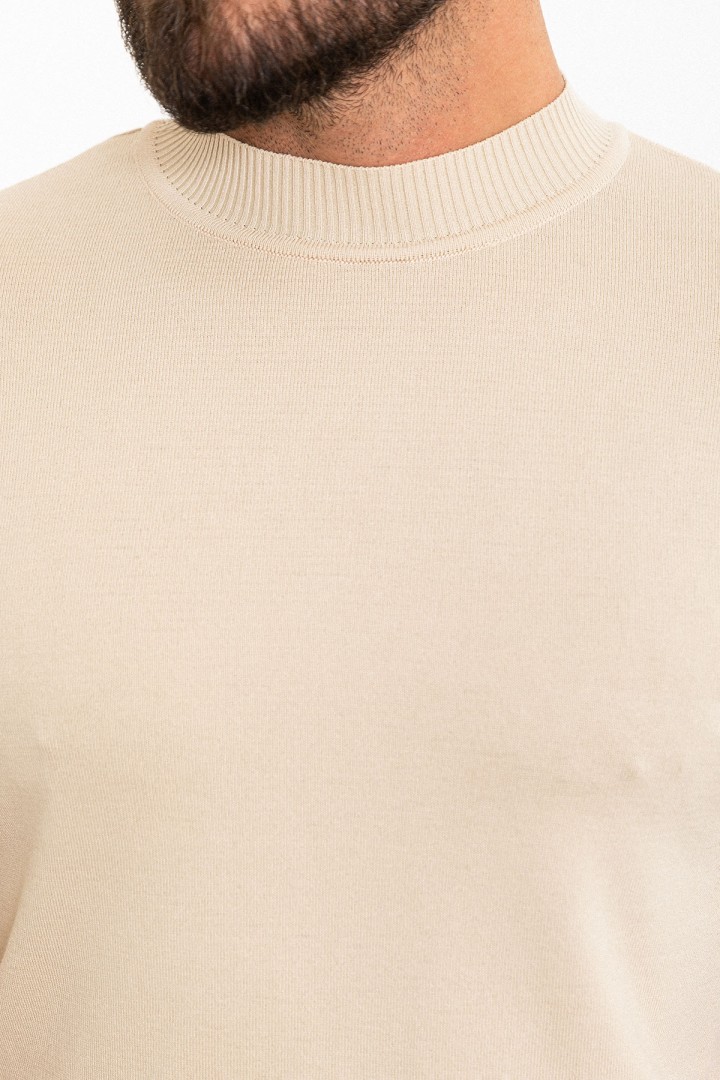 Plain Beige Slim Fit Half Turtleneck Men's Knitwear T-Shirt