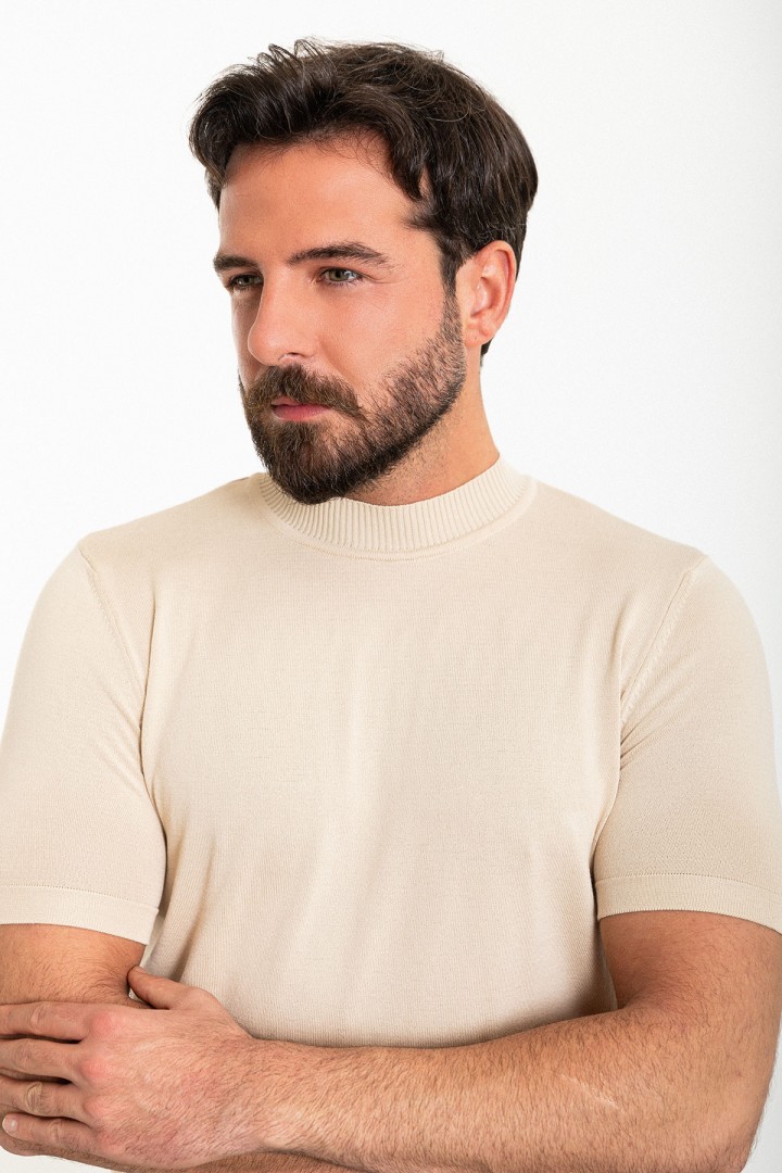 Plain Beige Slim Fit Half Turtleneck Men's Knitwear T-Shirt