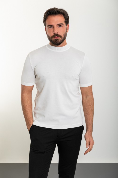 Plain Ecru Slim Fit Half Turtleneck Men's Knitwear T-Shirt