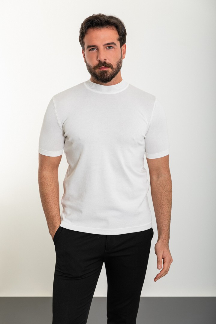 Plain Ecru Slim Fit Half Turtleneck Men's Knitwear T-Shirt