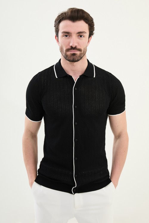 Black Color Figured Design Casual Men's Knit Shirt