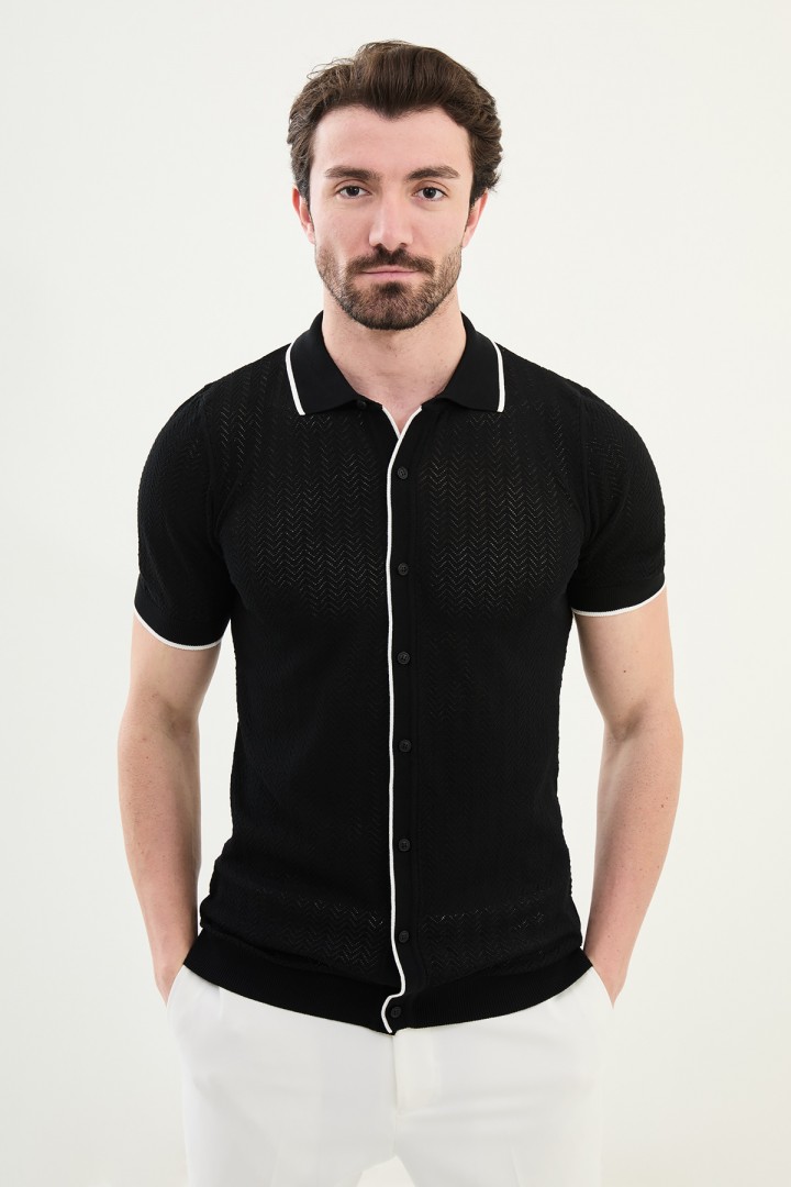 Black Color Figured Design Casual Men's Knit Shirt