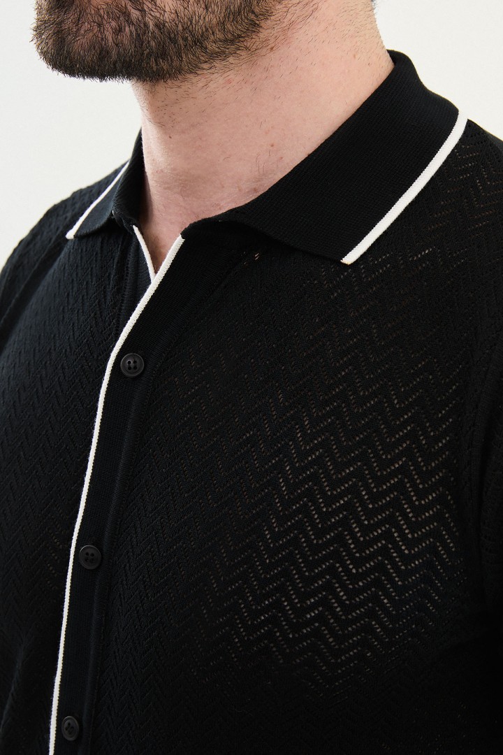 Black Color Figured Design Casual Men's Knit Shirt
