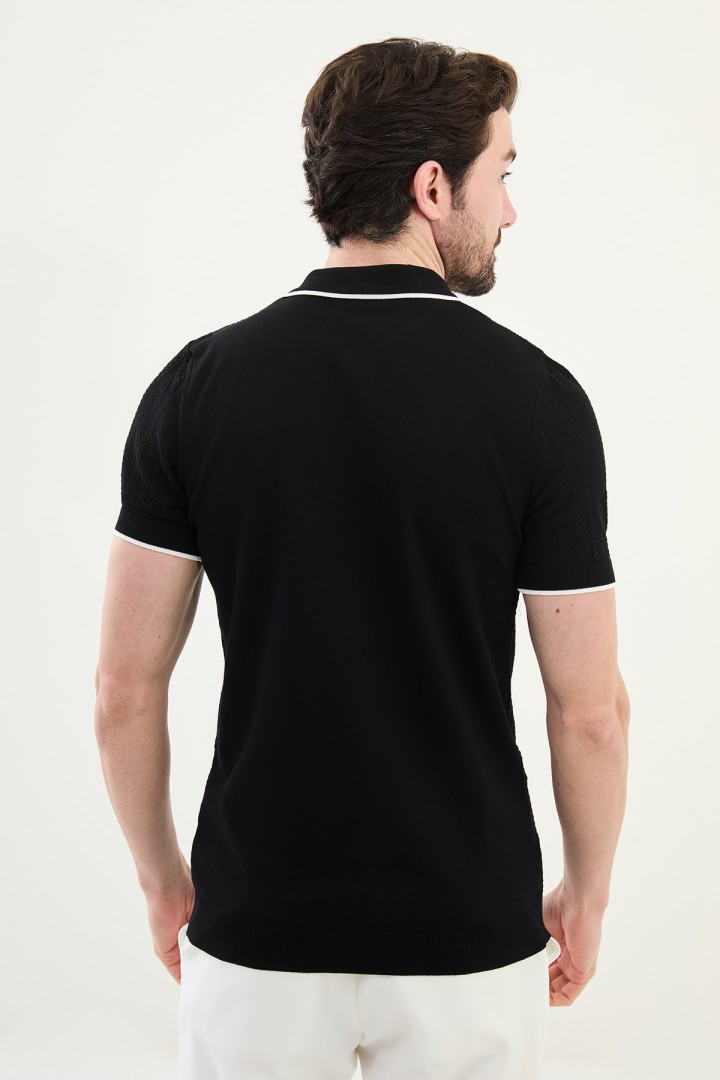 Black Color Figured Design Casual Men's Knit Shirt