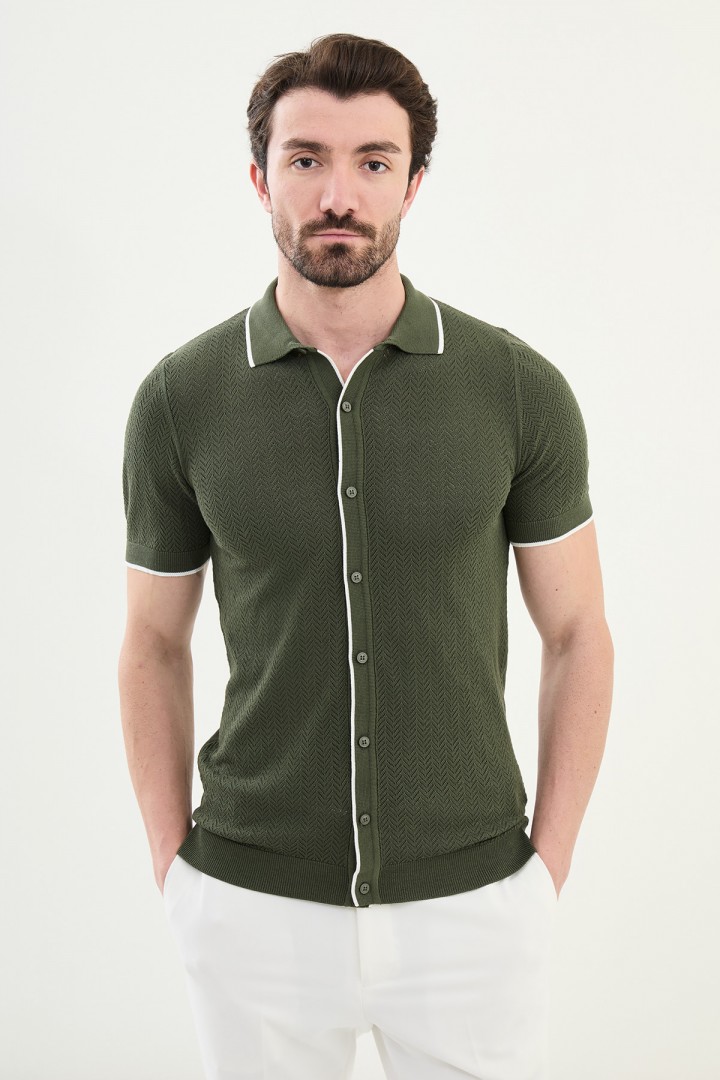 Khaki Color Figured Design Casual Men's Knit Shirt