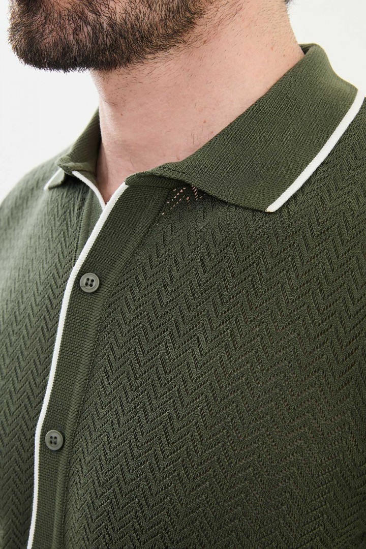 Khaki Color Figured Design Casual Men's Knit Shirt