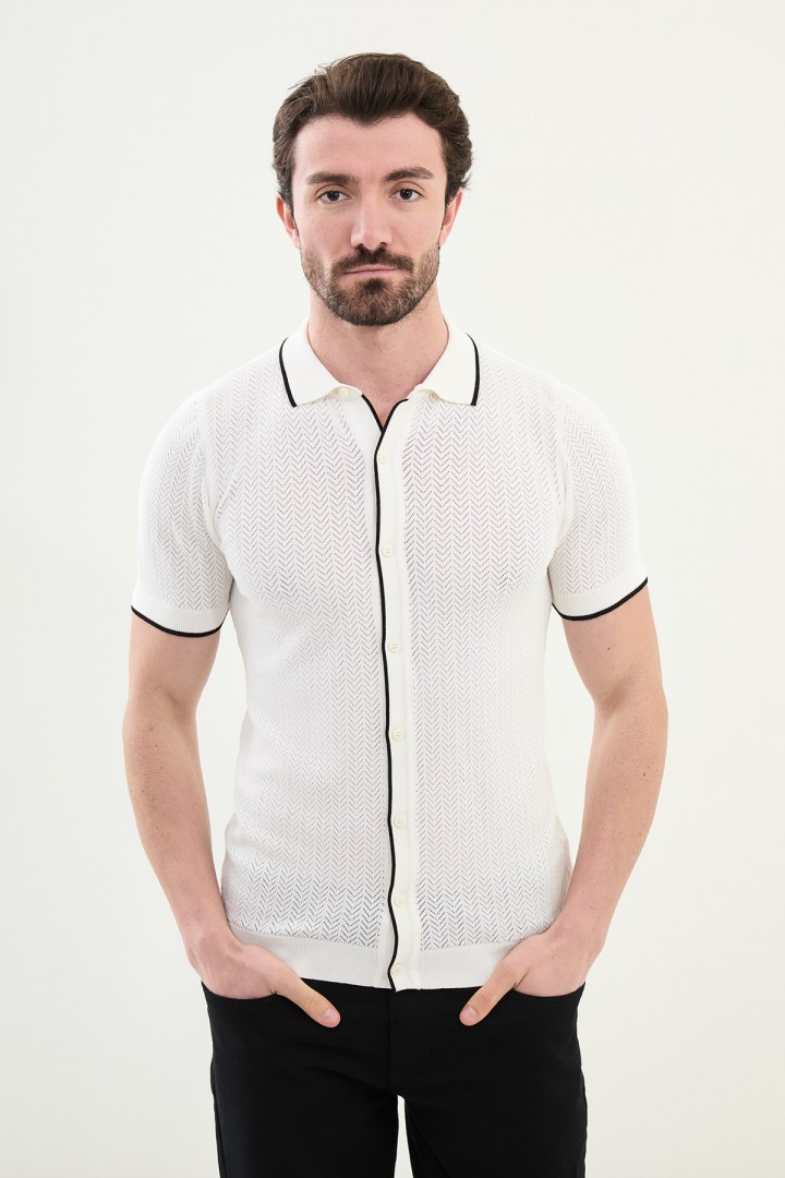 Ecru Color Figured Design Casual Men's Knit Shirt