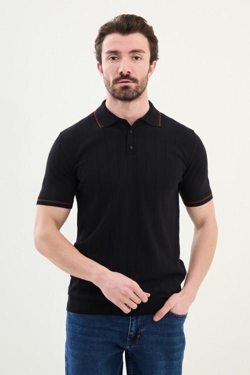 Dark Blue And Tile Color Casual Men's Knit Tshirt
